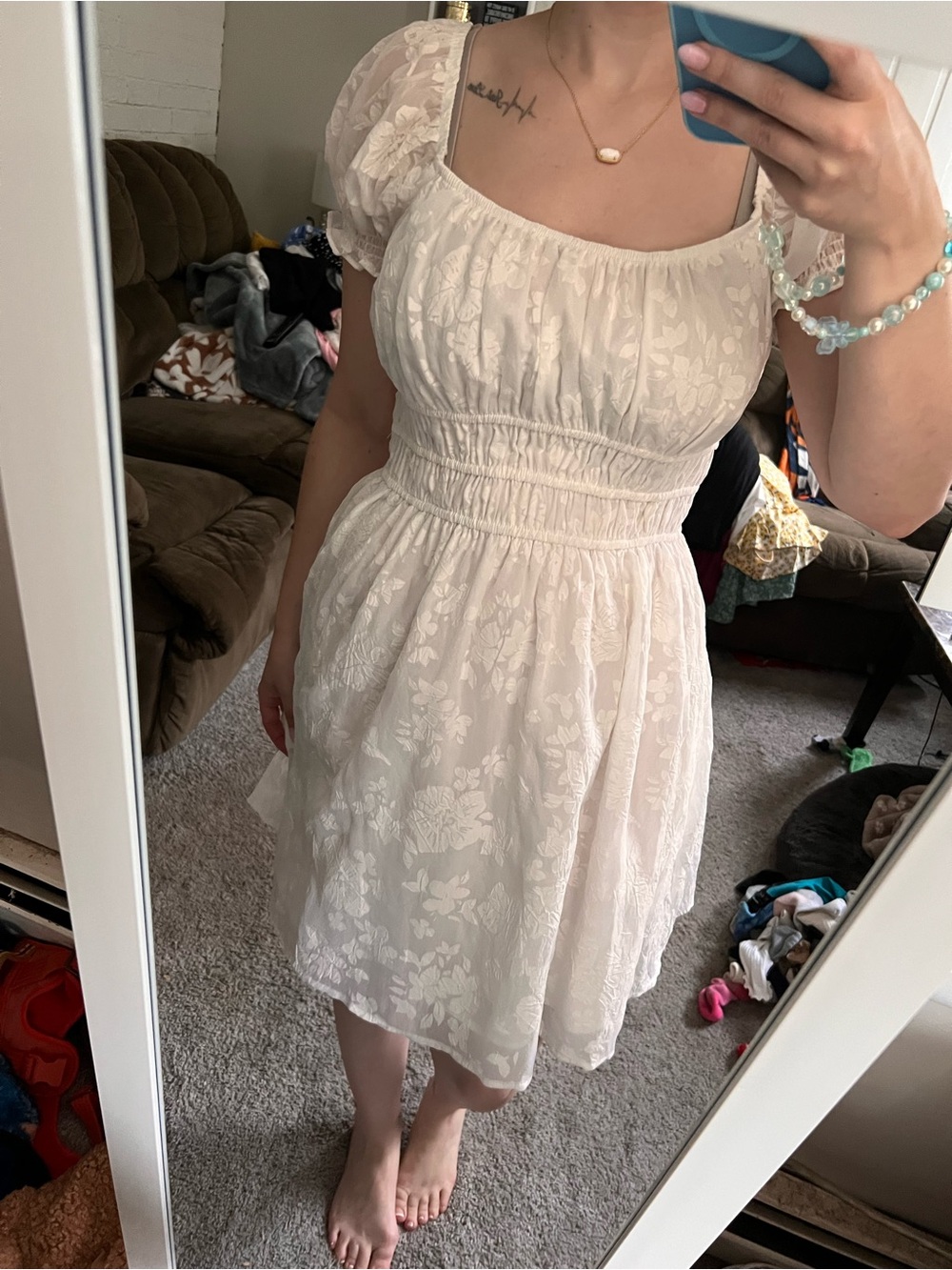 wild fable Whit Floral Puff-Sleeve Midi Dress